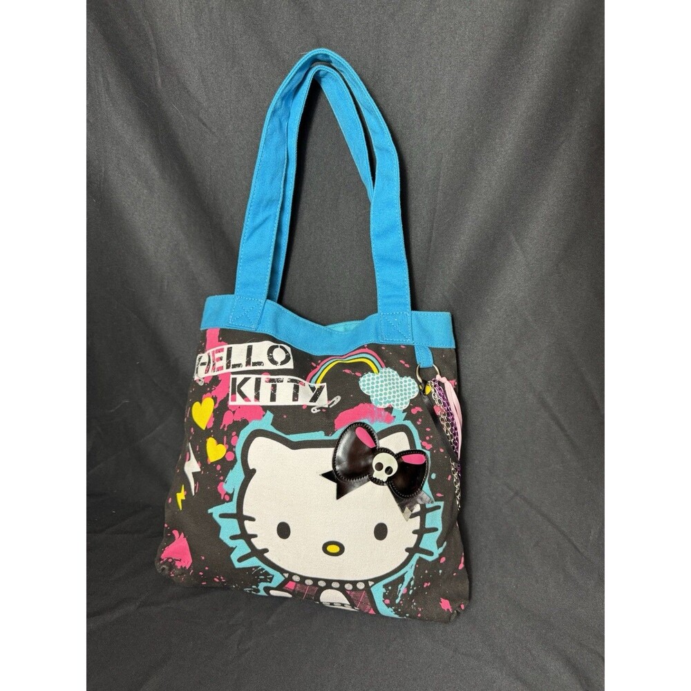 2013 Sanrio Hello Kitty Punk Rock Tote Bag Kawaii Goth Skull Bow Splatter Print